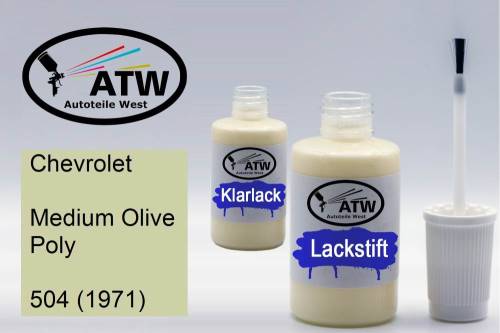 Chevrolet, Medium Olive Poly, 504 (1971): 20ml Lackstift + 20ml Klarlack - Set, von ATW Autoteile West.